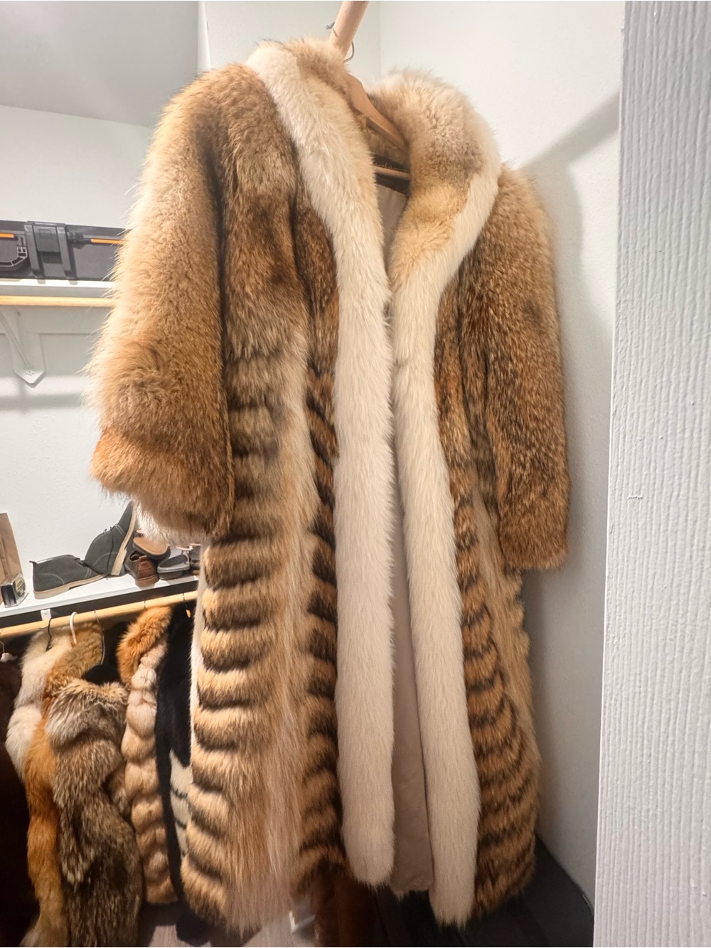 (Sold)Vintage full length coyote with arctic fox trim full length fur coat